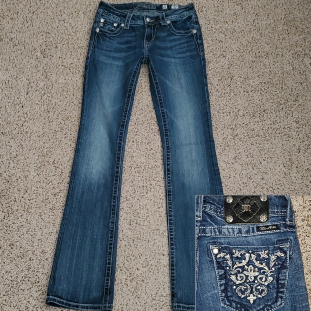 Miss Me Designer Rhinestone Blue Denim Boot Cut Women's Jeans